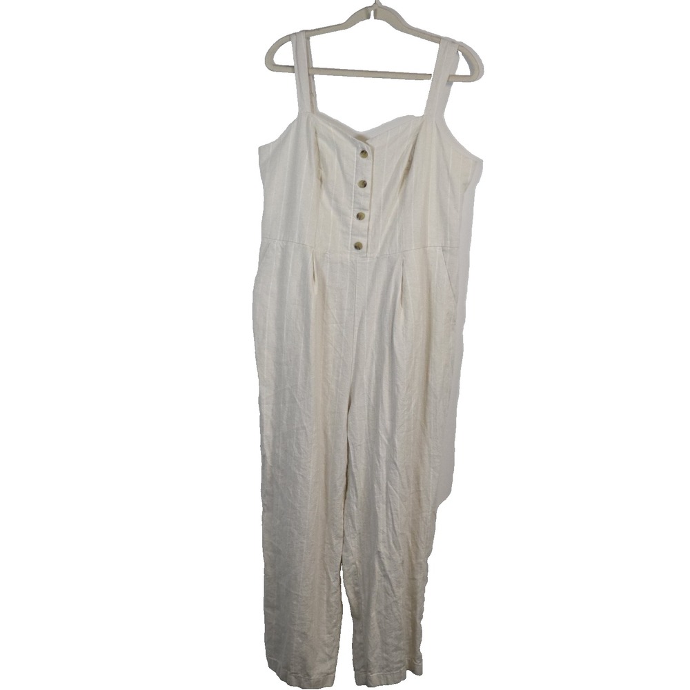 Old Navy Womens XL Jumpsuit Beige Linen Blend Sleeveless Wide Leg V Neck Pockets